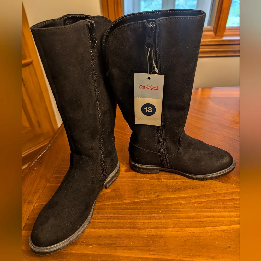 Cat & Jack Kids' Tall Boots Faux Suede Side Zipper • Black • 13   NWT